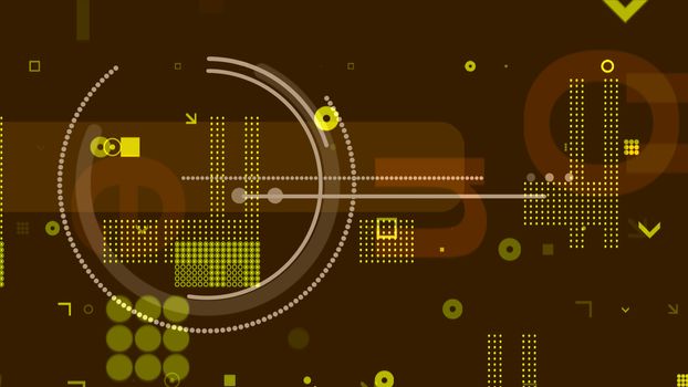An impressive 3d rendering of yellow and white techno spheres, squares, rectangles, dots, arrows, and spots forming some trailblazing motherboard in the khaki background.