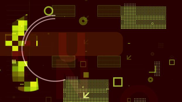 An astonishing 3d rendering of golden and white techno spheres, squares, rectangles, dots, arrows, and grids forming some electronic semiconductor in the brown backdrop.