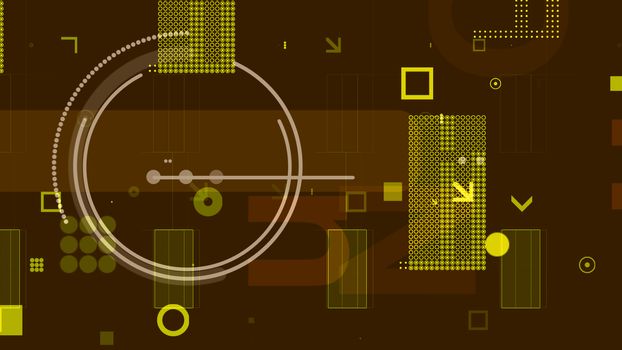 An exciting 3d rendering of yellow and white techno spheres, squares, rectangles, dots, arrows, and grids forming some electronic conductor in the khaki background.