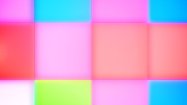 A cheery 3d rendering of green, blue, white, pink, and yellow led square buttons making an optimistic background for a celebratory event. Optimistic mood starts reigning! 