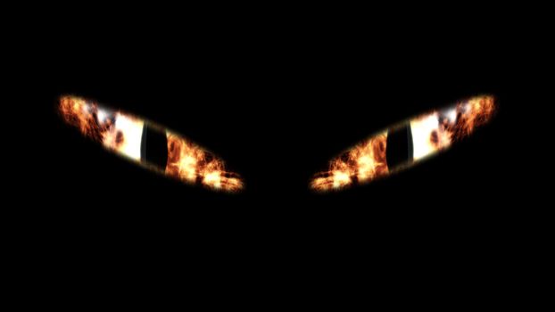 A stunning 3d illustration of slanting white and orange cat`s eyes in the black background. They sparkle mysteriously and in a horrible way. Halloween is coming soon!