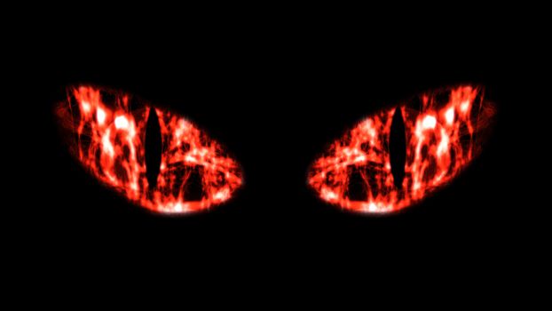 A frightening 3d illustration of wide white and scarlet cat`s eyes in the black backdrop. The eyes of a predator shine scary and frightening. It is time to celebrate Halloween!