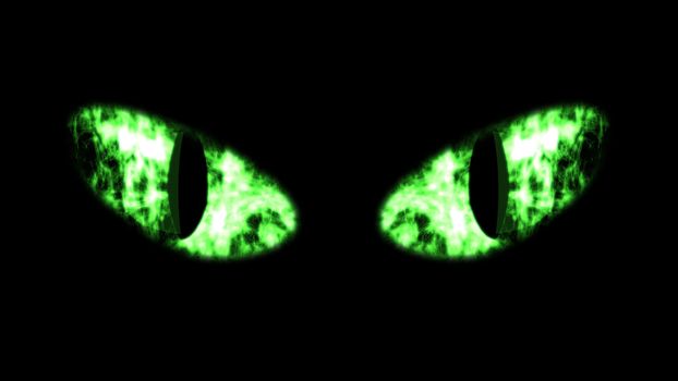 A terrifying 3d rendering of wide white and green cat`s eyes in the black background. The eyes of a predator shine creepy and sinister. It is high time to celebrate Halloween!