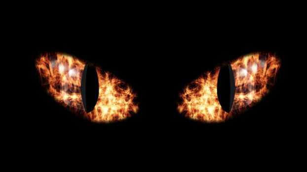 A creepy 3d illustration of furious white and orange cat`s eyes in the black backdrop. The eyes of a predator sparkle with wild rage and fury. Halloween is going on!