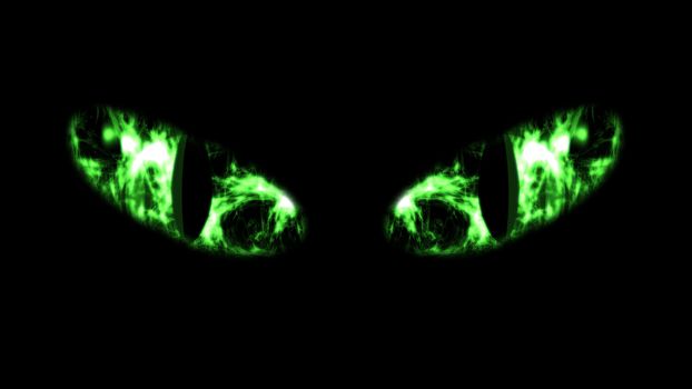A spine-chilling 3d rendering of slanting oval white and green cat`s eyes in the black backdrop. The eyes of a predator shine sinister and ominous. Halloween is waiting for us!
