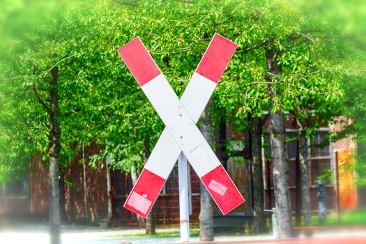 Railroad crossing with a saltire (St. Andrew's Cross)