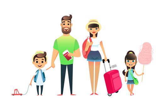 Travelling family people waiting for airplane or train. Cartoon dad, mom and child traveling together. Young cartoon couple, girl and boy go on vacation with suitcases and bags. Man holds tickets and passports. Happy big family leave on the sea resort
