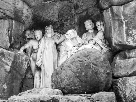 Memorial of playwright and poet Julius Zeyer in Chotkovy sady, or Chotek Garden in Prague, Czech Republic. Black and white image.