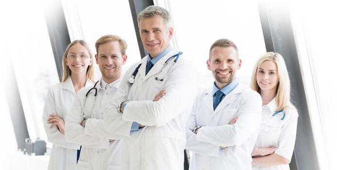 Successful team of medical doctors are looking at camera