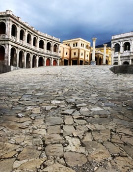 roman style buildings perspective path way climbing road