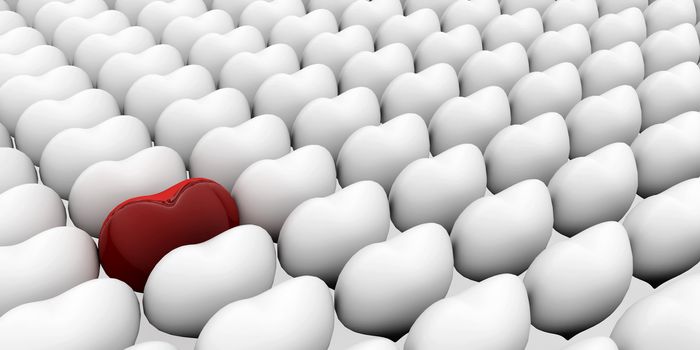 A heart standing out from the crowd. 3D love concepts.