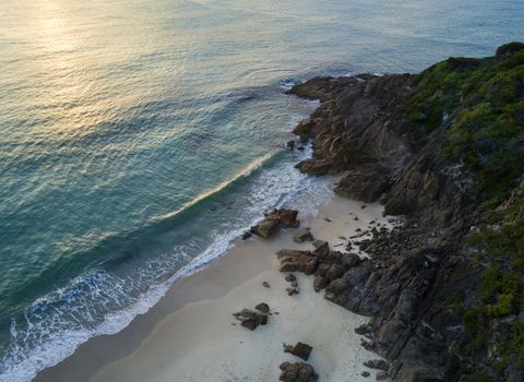 Aerial view of Zenith Beach southern end rocks and part of Stephens Peak, Port Stephens