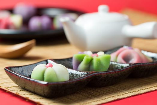 Japanese traditional confectionery cake wagashi served on plate