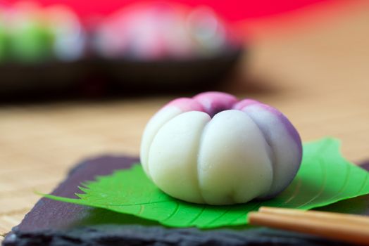 Japanese traditional confectionery cake wagashi served on plate