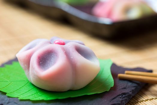 Japanese traditional confectionery cake wagashi served on plate