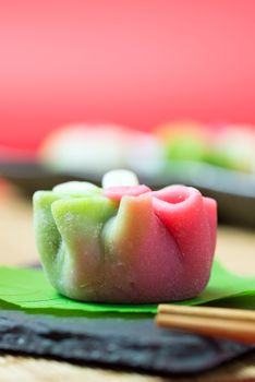 Japanese traditional confectionery cake wagashi served on plate