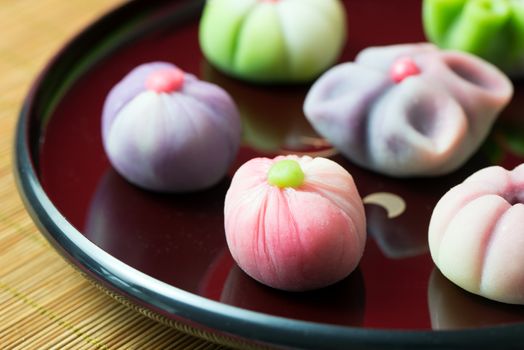 Japanese traditional confectionery cake wagashi served on plate