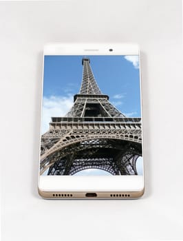 Modern smartphone with full screen picture of the iconic Eiffel Tower, Paris, France. Concept for travel smartphone photography. All images in this composition are made by me and separately available on my portfolio