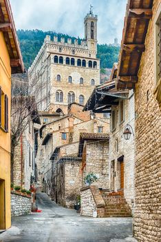 View of Palazzo dei Consoli, a medieval building in Gubbio, Umbria, central Italy. It is house to the local Civic Museum