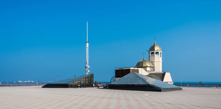 Orthodox church in the Odessa seaport, Ukraine. Panoramic view in a sunny morning