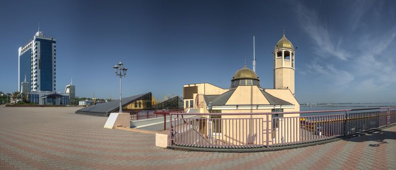 Orthodox church in the Odessa seaport, Ukraine. Panoramic view in a sunny morning