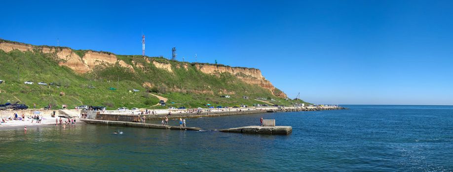 ODESSA, UKRAINE - 05.01.2018. Public beach Zelenaya Gorka in the city of Odessa. Panoramic view in a sunny spring morning