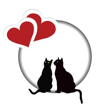 Valentines day card with two black cats and two red hearts