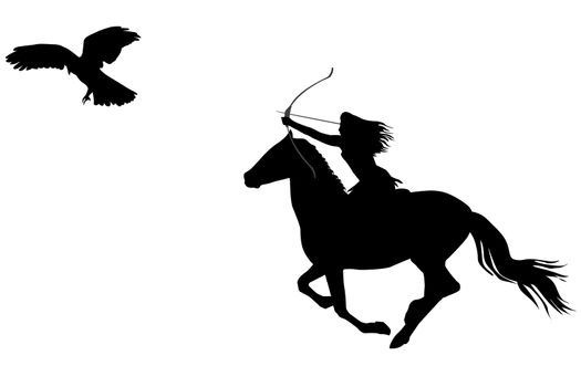 Silhouette of an amazon warrior woman riding a horse with bow and arrow