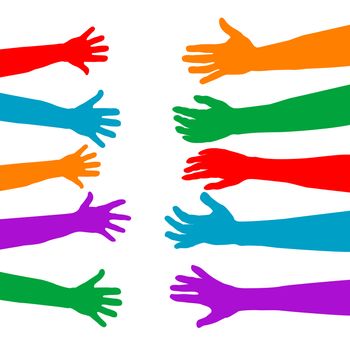 Adults care about children concept with colorful hands silhouettes