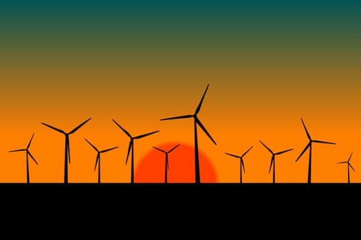 Landscape with black silhouettes of windmills at sunrise