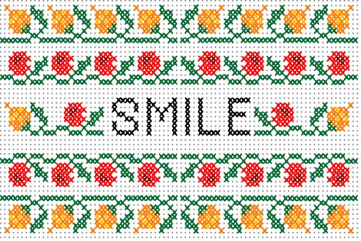 Cross stitch pattern with elements of folk embroidery and word SMILE