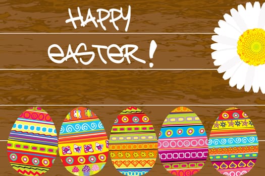Painted Easter eggs on wooden background