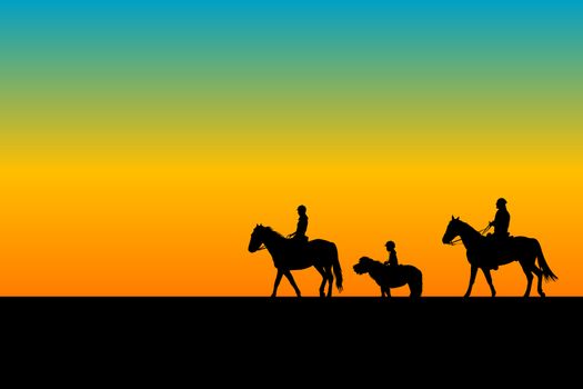 Family silhouette riding horses and ponny