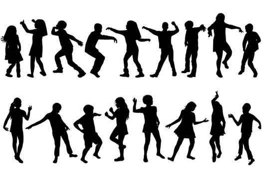 Silhouettes of children dancing on white background