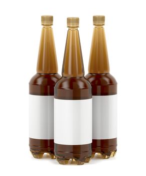 Three big plastic beer bottles with blank labels on white background 