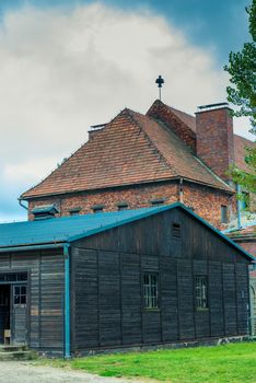 Auschwitz, Poland - August 12, 2017: barracks in the former concentration camp of Auschwitz