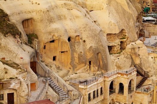 Houses and hotels located in rocky caves in Goreme city, Capadokkia