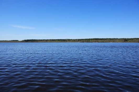 Summer outdoor background. Nice lake with waves under blue sky