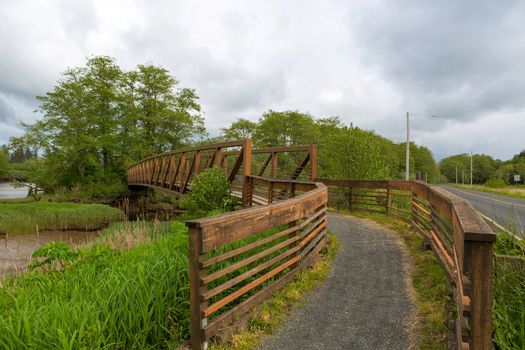 Bridge over river along Lewis and Clark Hiking Trail in Astoria Oregon