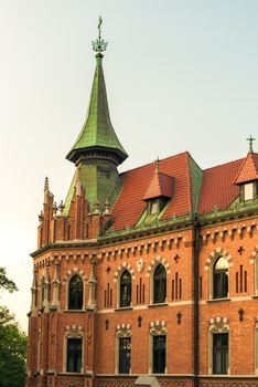 Krakow, Poland - August 14, 2017: Krakow, high brick tower - Wawel Castle on blue sky background