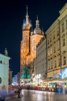 Catholic Church of St. Mary's Church in the center of Krakow at night, Poland