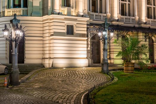 elements of the architecture of the drama theater in Krakow in the evening