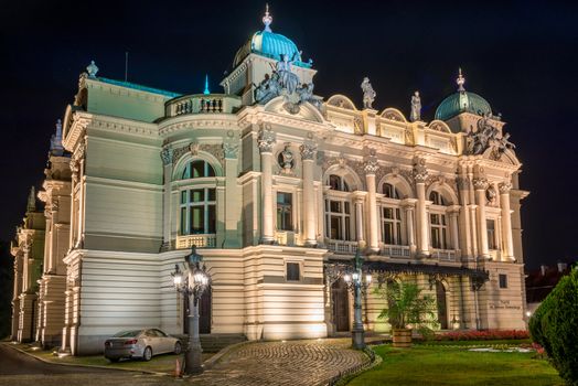 beautiful dramatic theater in Krakow in the evening