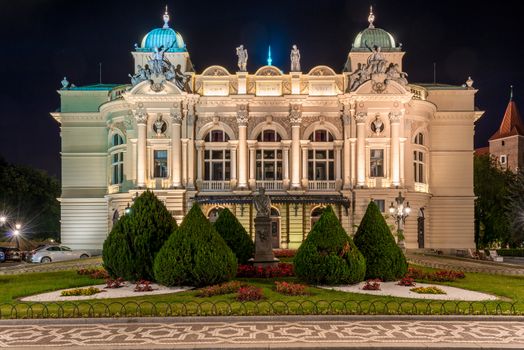 facade of the beautiful dramatic theater in Krakow in the evening