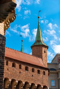 tower of the Barbican against the blue sky, Krakow, Poland