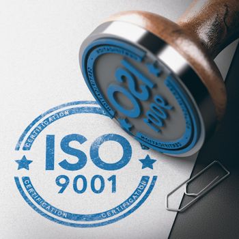 3D illustration of a rubber stamp with the text ISO 9001 certification over paper background.