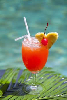  Cocktail on the background of the bar. Red alcoholic cocktail in a traditional glass. Place to write a recipe