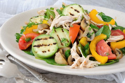 Warm chicken salad with spinach, tomato slices, sweet pepper, grilled zucchini, and champignons, all dressed with herbs and fragrant oil.