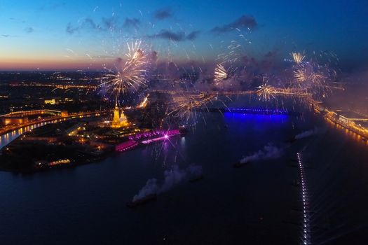 Salute Scarlet Sails. The festive salute is grandiose. Fireworks pyrotechnics.