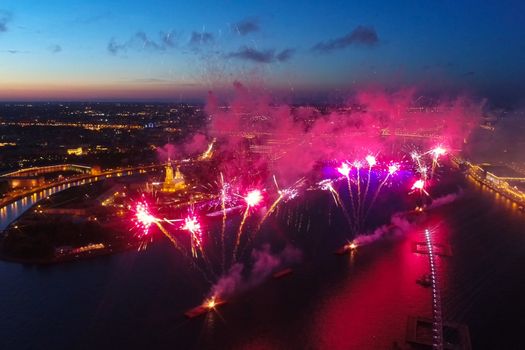 Salute Scarlet Sails. The festive salute is grandiose. Fireworks pyrotechnics.